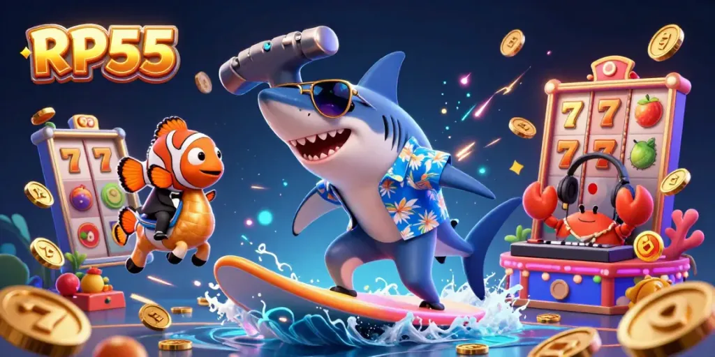 RP55 gaming scene with a shark and seahorse in a casino filled with slot reels and gold coins.