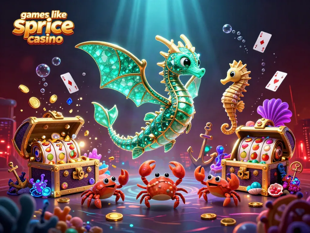 Engage with games like spree casino through a vibrant underwater illustration featuring a treasure-seeking sea dragon.