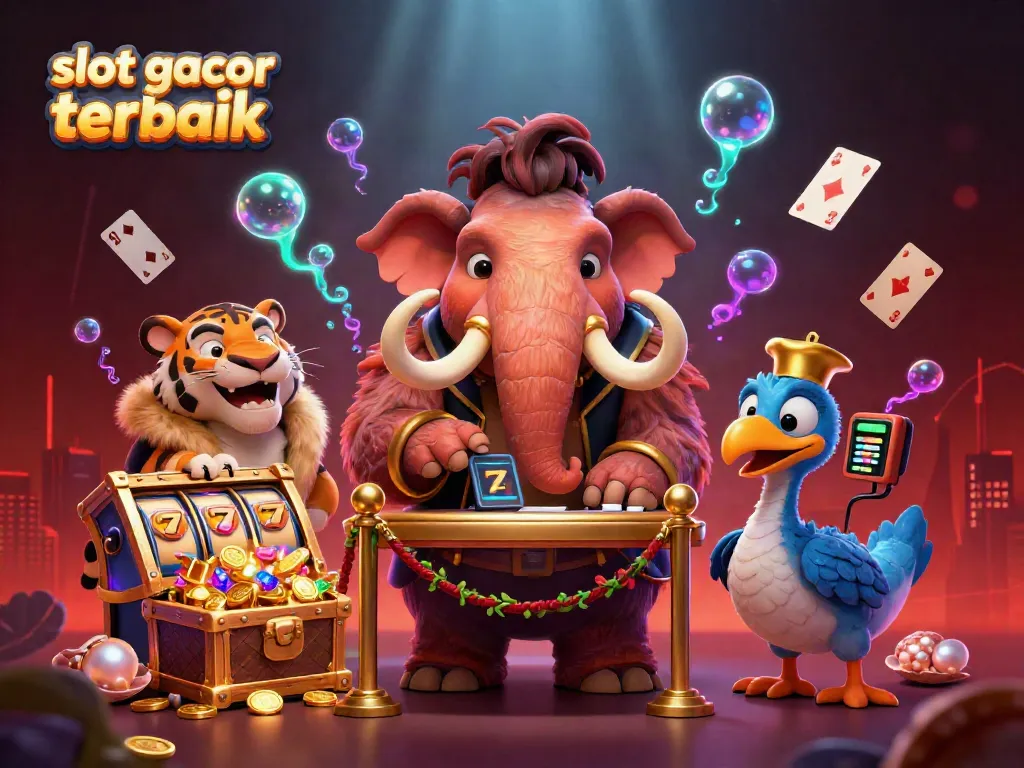 Pengunjung VIP di dunia slot gacor terbaik dengan bouncer mamut dan doorman dodo