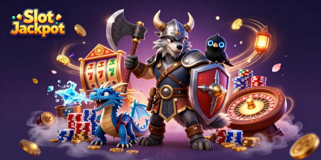 Engage with the Slot Jackpot scene featuring Viking warrior, fierce dragon, and glowing treasures.