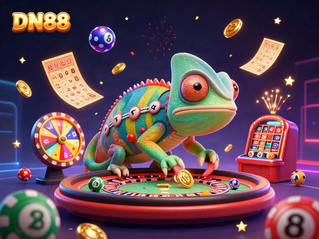 Engage in thrilling gambling at DN88 with vibrant casino elements and a charming chameleon owner.