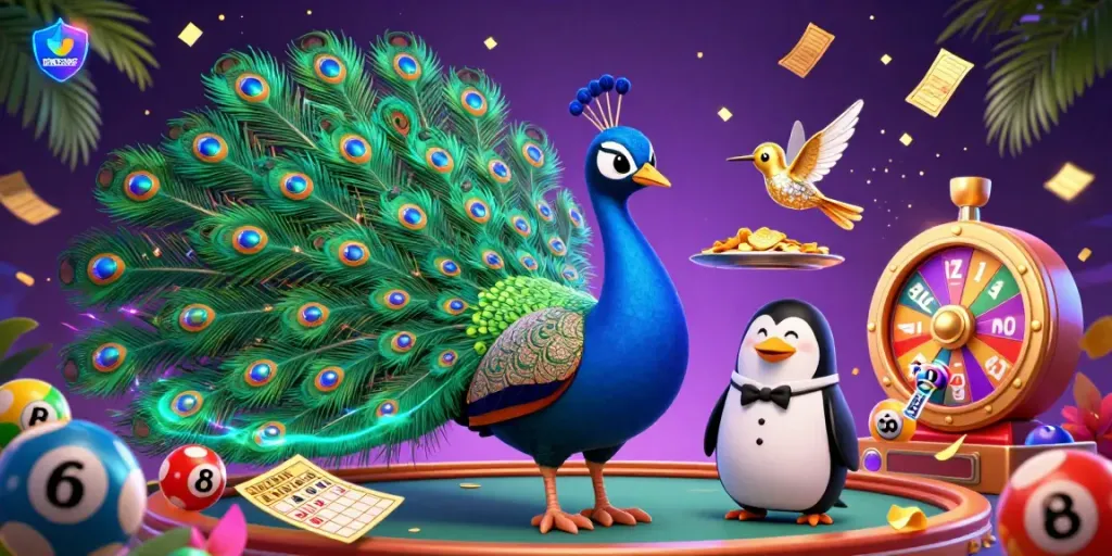 Experience the vibrant energy of IDNSCORE casino with a dynamic scene featuring colorful lottery elements and animated characters.