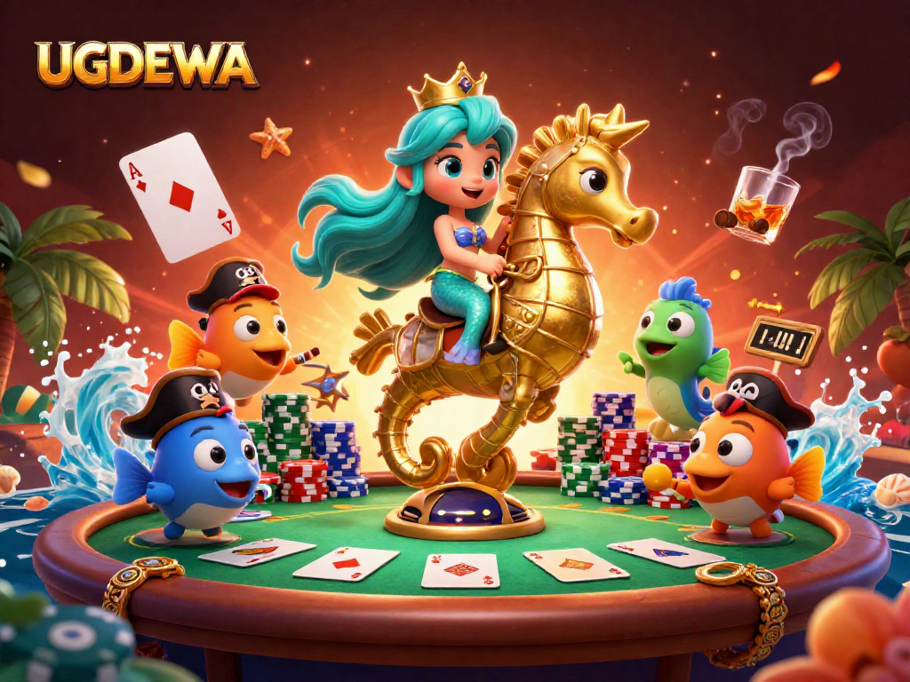Engage with UGDEWA at this vibrant casino scene featuring rich poker elements and dynamic characters.