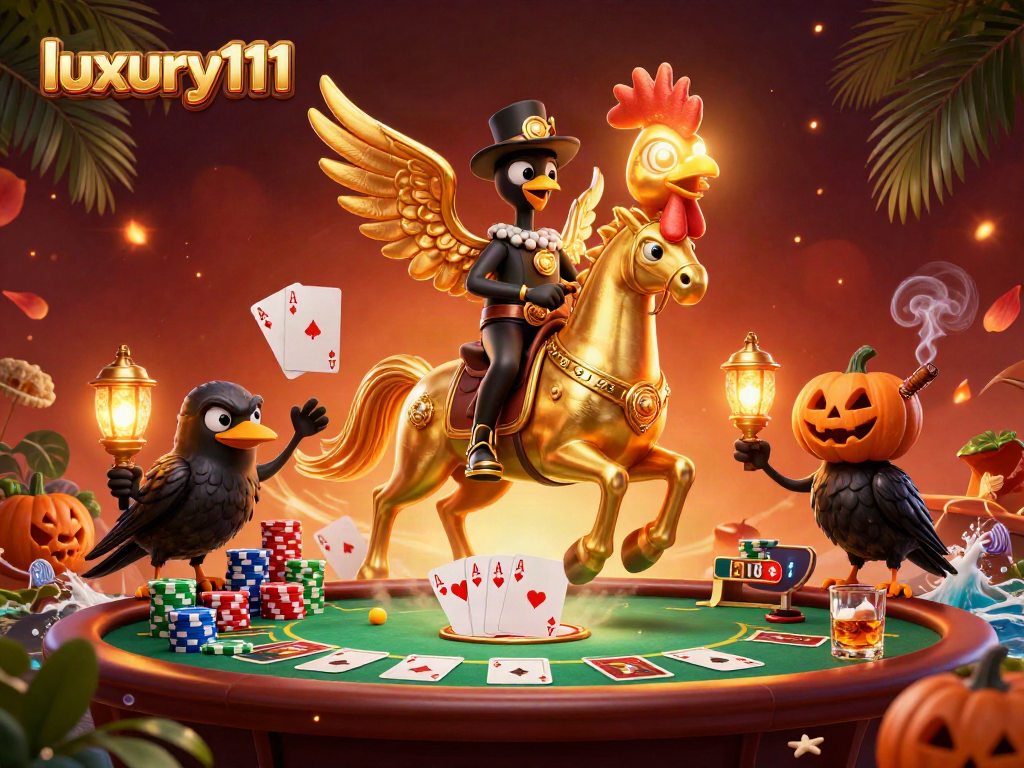 Experience luxury111 themed poker action with animated characters in a vibrant casino setting.