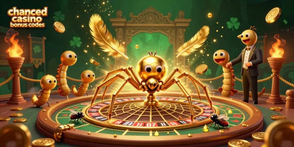 Spin the roulette wheel with Chanced Casino Bonus Codes in a lively, cartoonish casino scene.