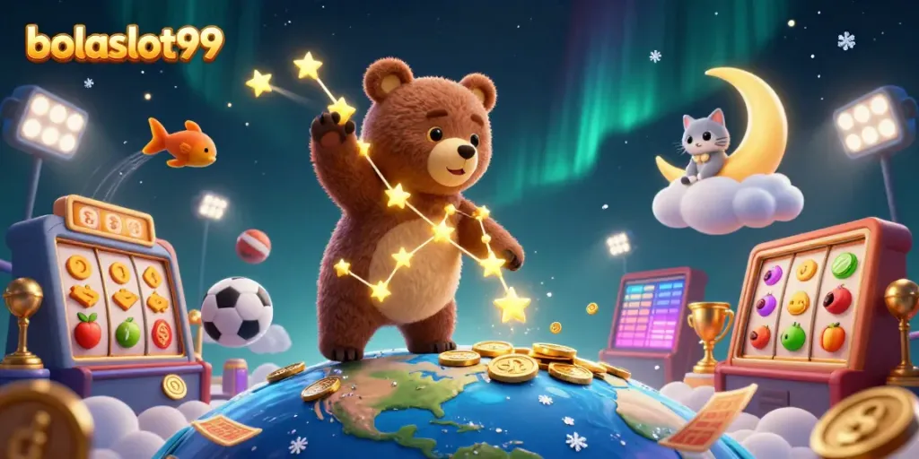 Experience the thrill of bolaslot99 as the constellation bear scoops coins in a vibrant casino landscape filled with slot reels and sports balls.