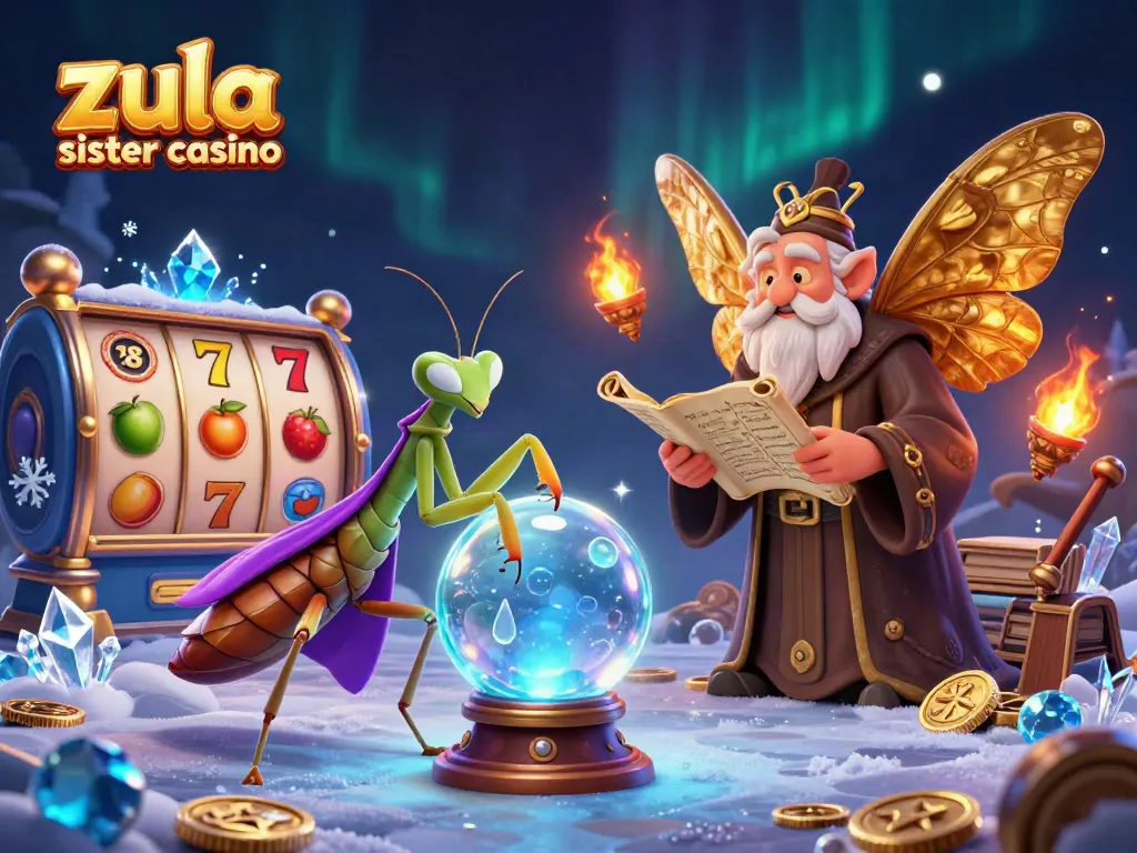 Zula sister casino's vibrant scene showcases a fortune teller with slot elements & whimsical characters.