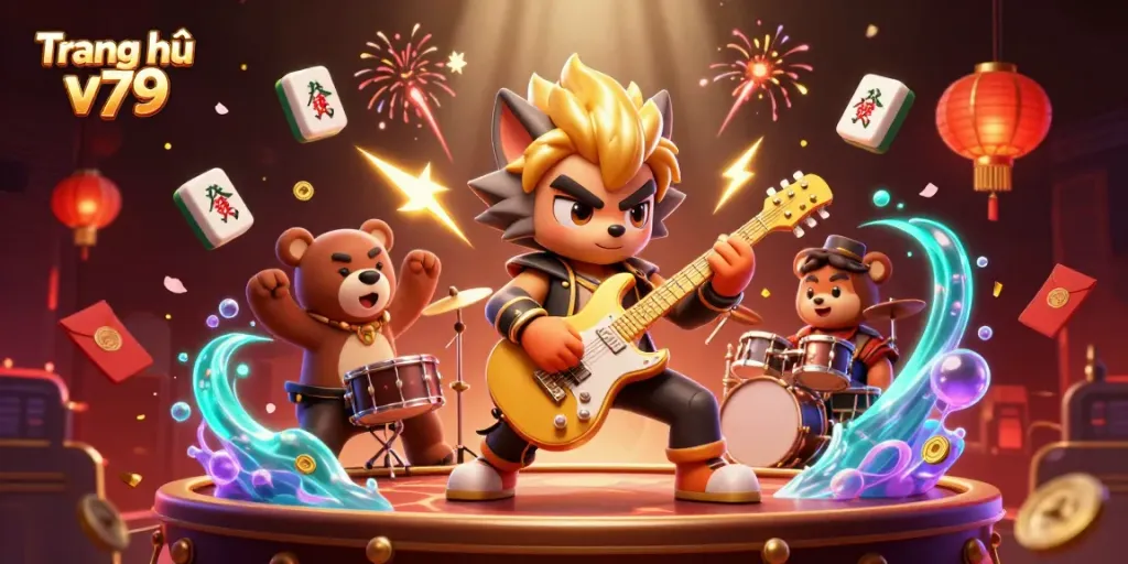 Experience the thrill of Trang chủ v79 with a vibrant casino scene featuring animated characters and gaming elements.