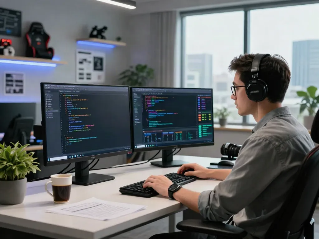 View of a developer analyzing the bulkhead pattern data on dual monitors in a gaming environment, focusing on singatoto login systems.