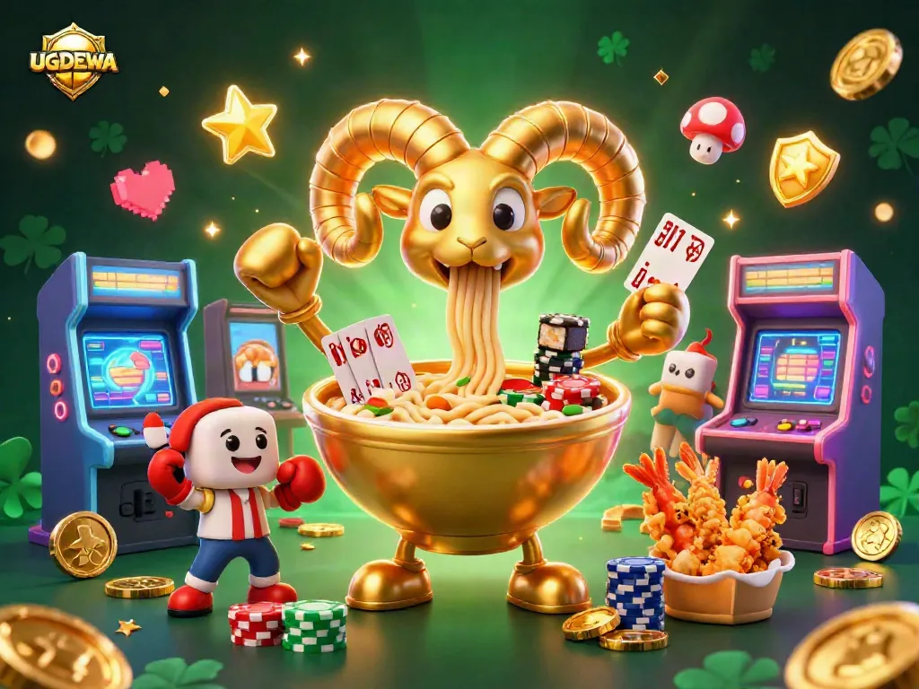 Engage with UGDEWA's lively casino atmosphere featuring a golden ramen bowl dealer amidst vibrant gaming elements.