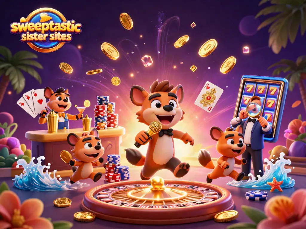 Sweeptastic sister sites animated scene with hyenas in a vibrant casino setting.