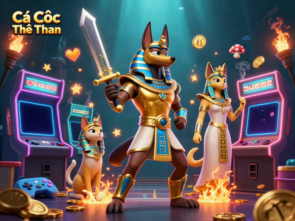 Cá Cược Thể Thao showcases Anubis and Bastet in an engaging gambling scene filled with vibrant gaming elements.