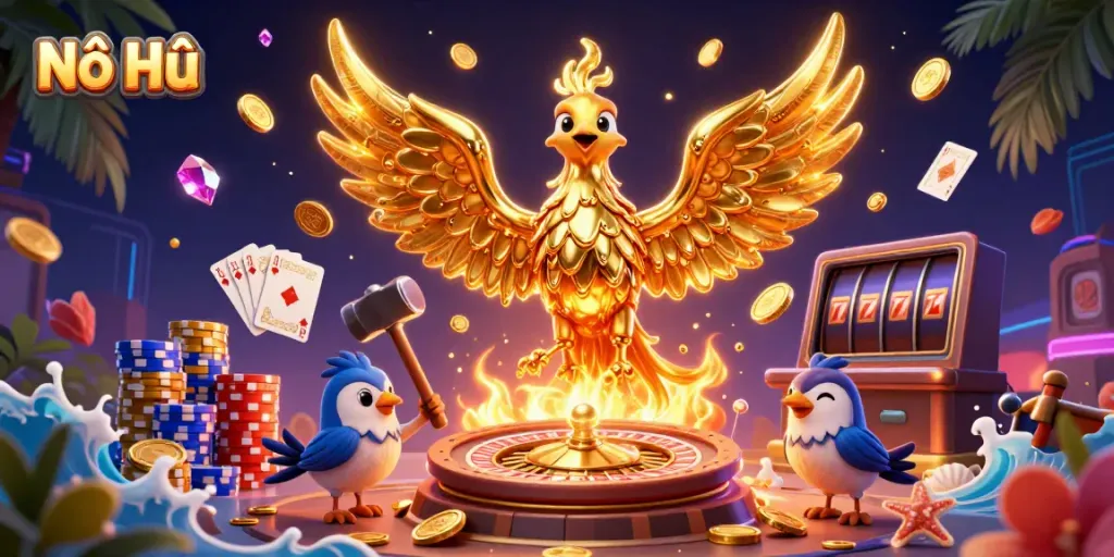 Experience the excitement of Nổ Hũ with a dazzling phoenix and dynamic casino elements.