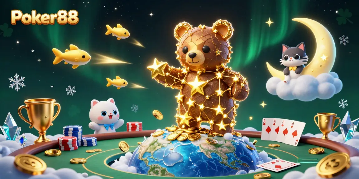 Engage in thrilling poker action with Poker88 in this vibrant 3D illustration showcasing poker elements and festive characters.