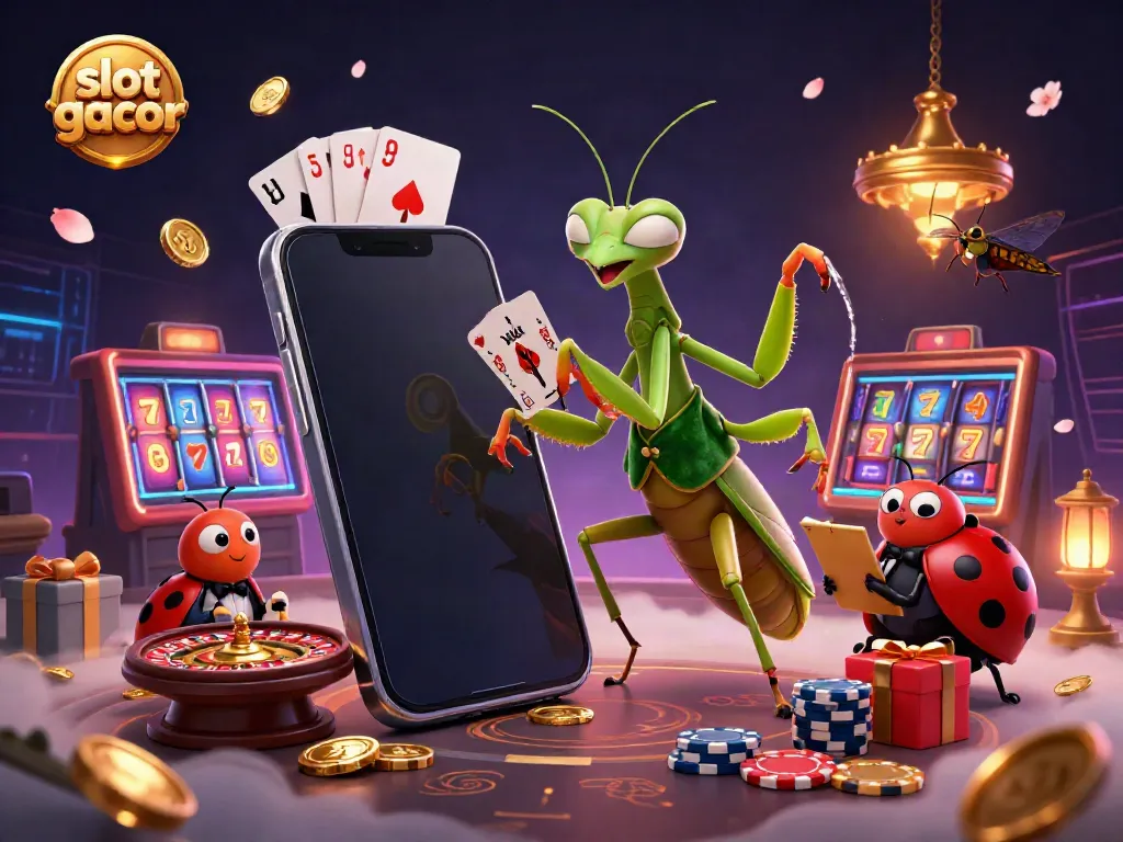Engage with the lively slot gacor scene showcasing a giant praying mantis dealer and ladybug pit boss amidst dynamic casino elements.