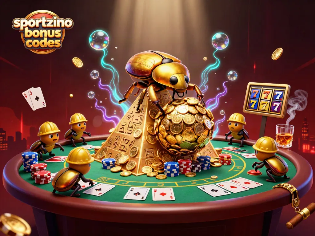 Engage with sportzino bonus codes while a golden dung beetle rolls coins in an interactive casino scene.