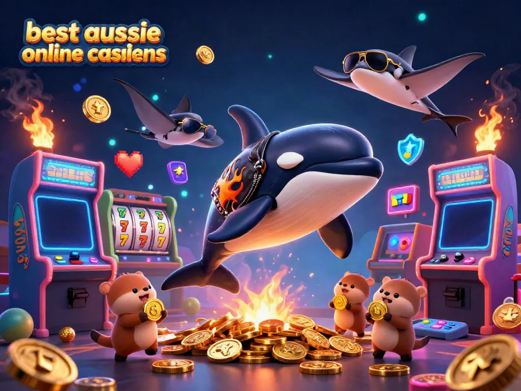 Experience the excitement of the best aussie online casinos with a dynamic 3D scene featuring colorful characters and gaming elements.