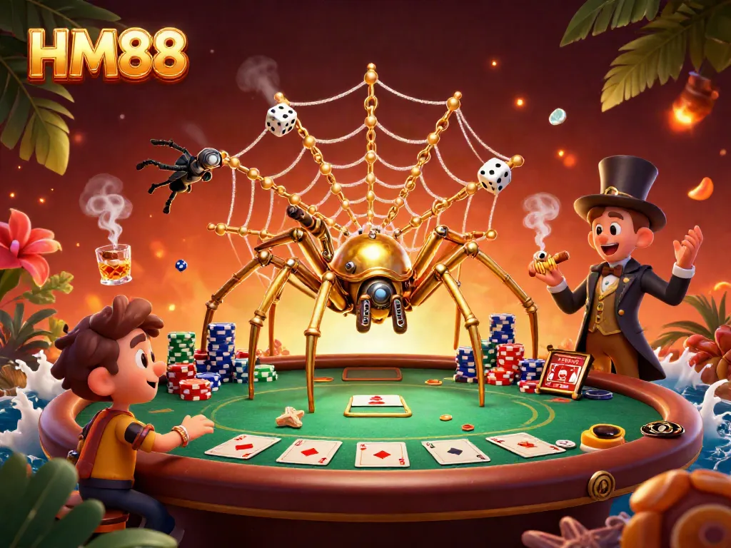 Engage in thrilling gameplay at HM88 with a dramatic 3D illustration featuring a steampunk spider and poker elements.
