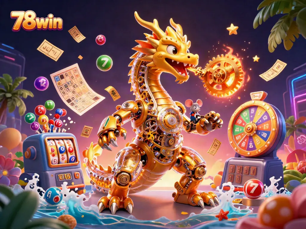 Engage with 78win's vibrant gaming adventure showcasing a golden dragon and dynamic lottery elements.