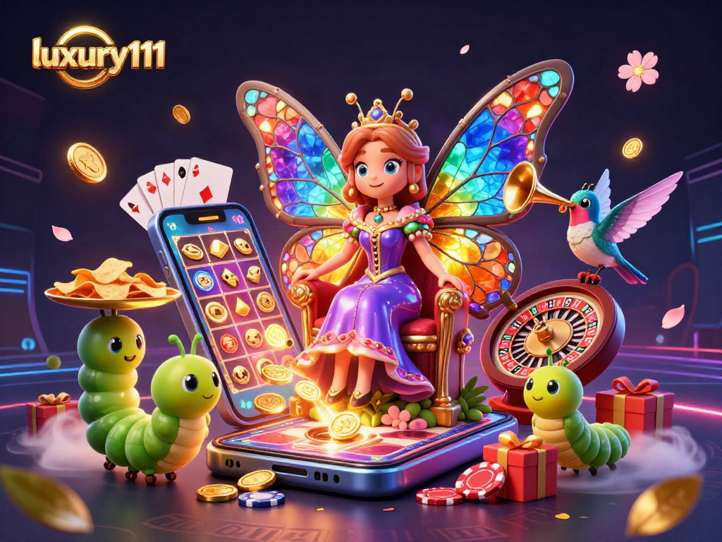 Engage with luxury111 in an immersive casino scene featuring a vibrant butterfly queen and gaming elements.