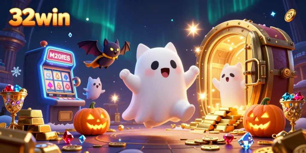 Experience thrilling wins at 32win with a friendly ghost cat and fun gambling elements in this vibrant illustration.