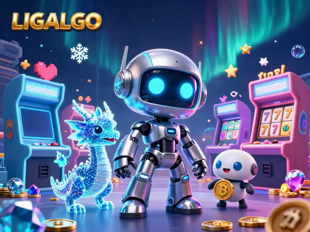 LIGALGO showcases a vibrant casino scene with a cyberpunk robot and holographic companions, celebrating gaming.
