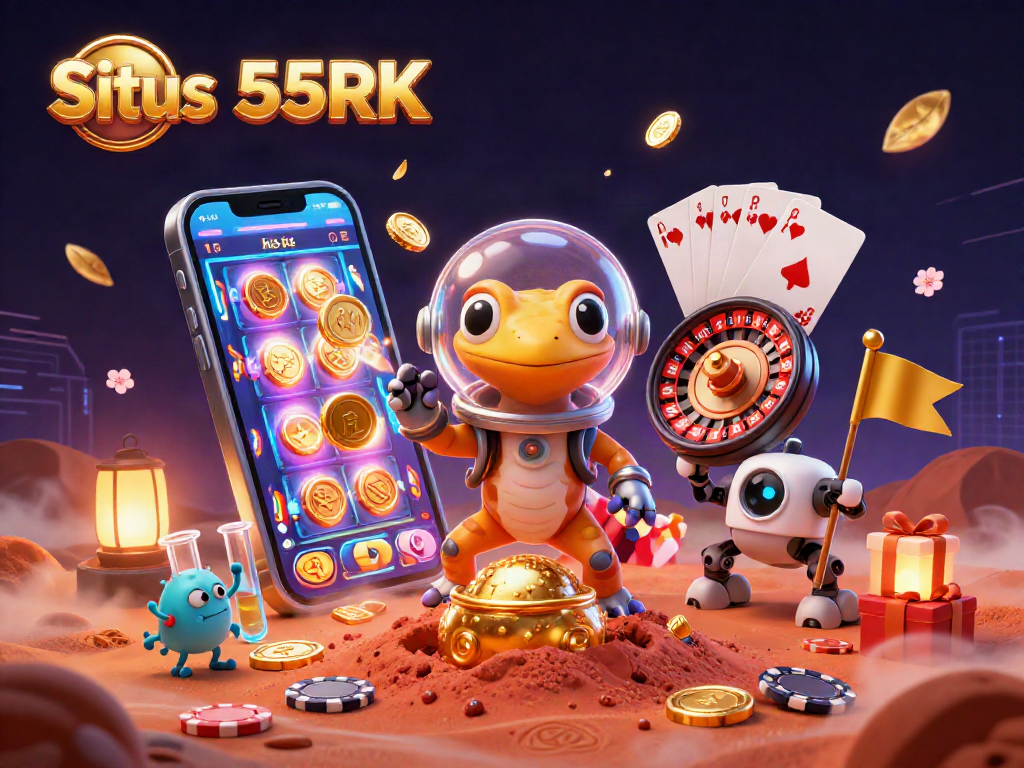 Experience the excitement of Situs 55RK with a gecko finding a buried golden casino and aliens cheering