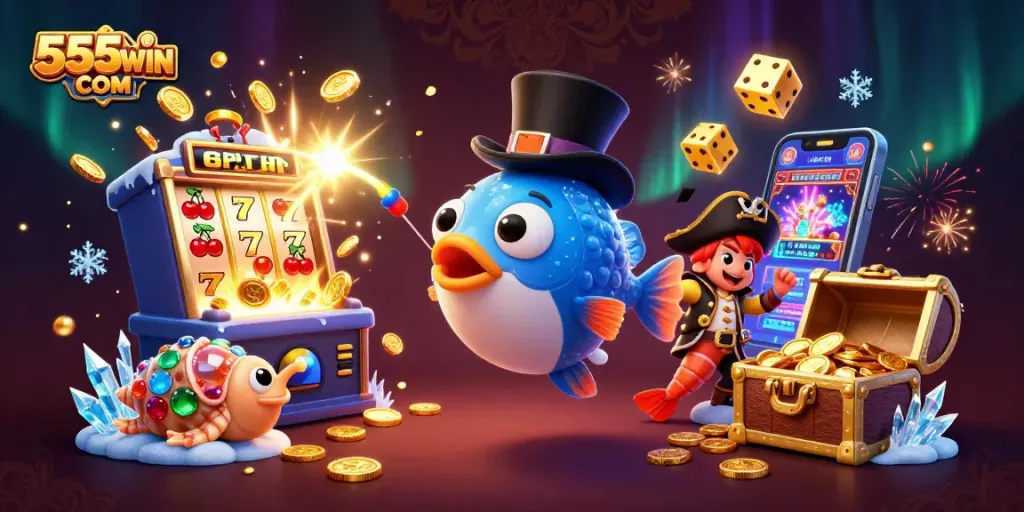Spin to win at 555WIN COM with thrilling jackpot slots and vibrant casino characters.