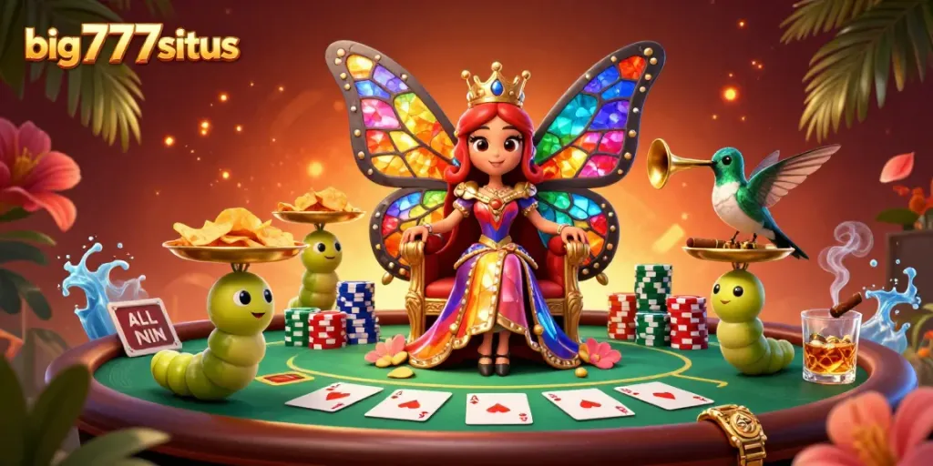 Experience a vibrant gaming scene with big777situs featuring a whimsical butterfly queen amidst poker action.