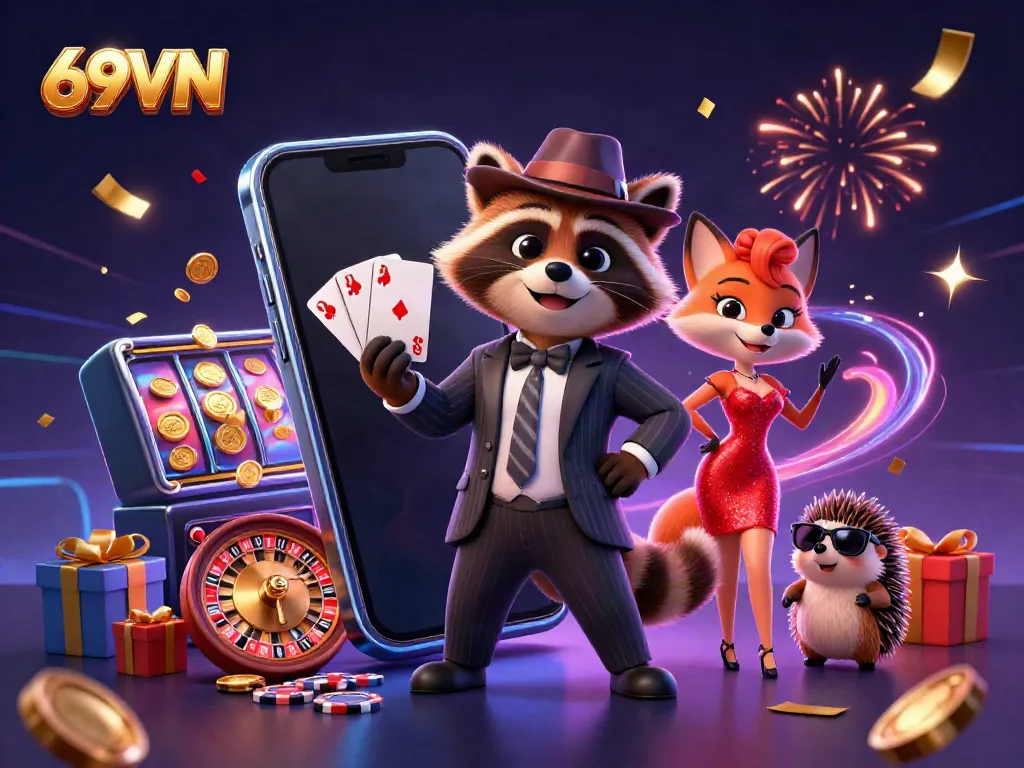 Enter the thrilling world of 69VN casino with vibrant slot games and energetic characters.