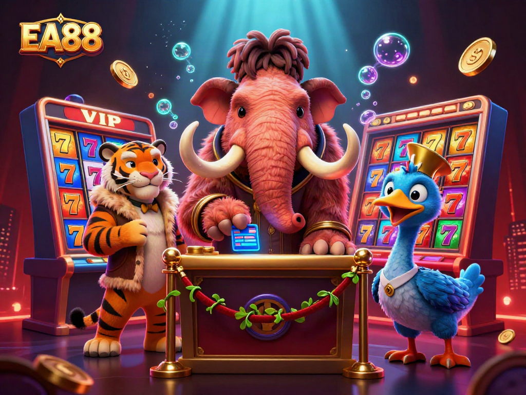 Engage with EA88's thrilling casino experience featuring lively slot reels and vibrant characters.