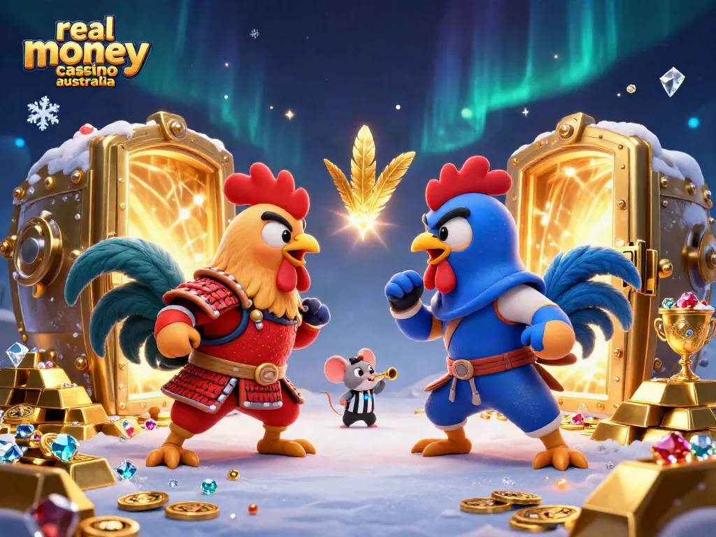 Engage in the excitement of real money casino Australia with dynamic cartoon roosters in a fierce standoff.