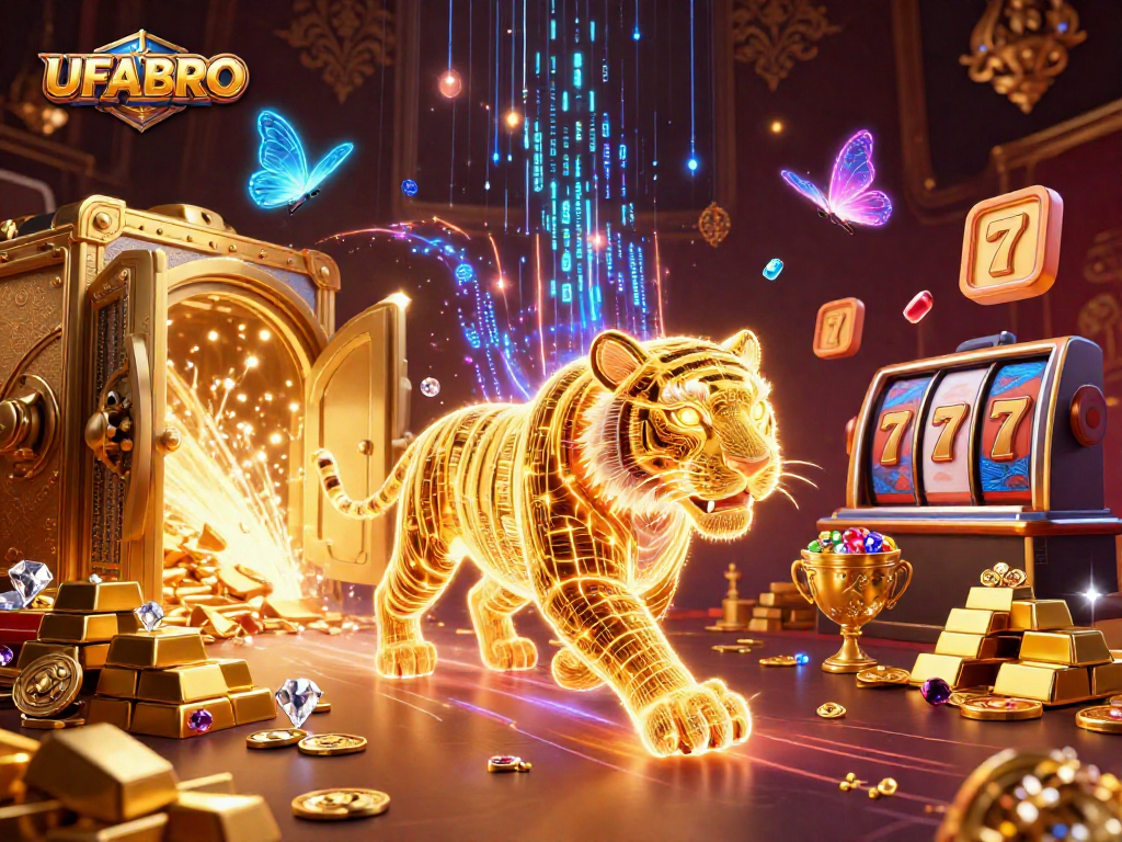 Experience thrilling UFABRO casino action as a golden tiger and holographic butterflies thrive amid riches.