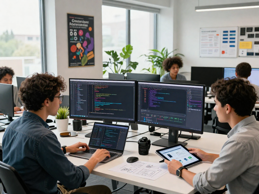 Developers collaborating on spicy AI software at a modern tech workspace with vibrant code displays and design tools.