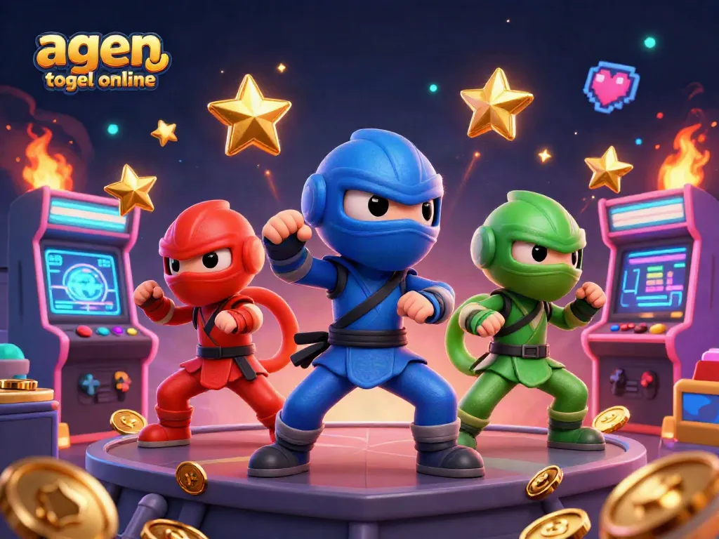 Experience thrilling agen togel online action with ninja chameleons performing martial arts amid vibrant gaming elements.