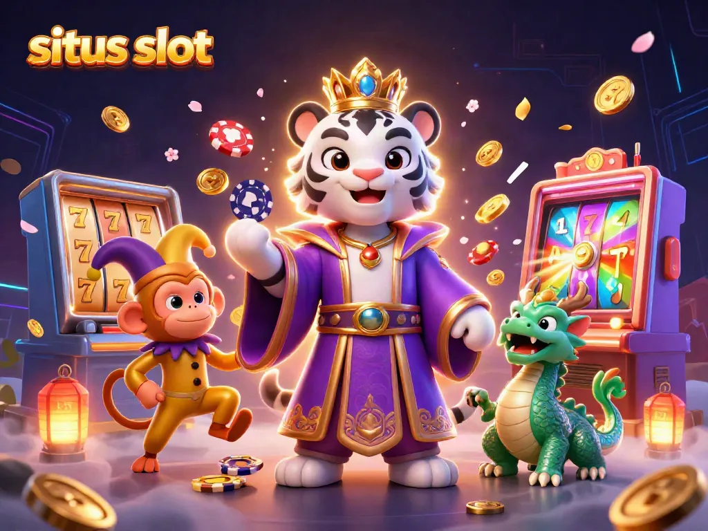 Ilustrasi situs slot menampilkan macan putih dan monyet jester bermain dengan simbol kemenangan.