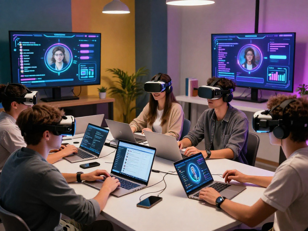 Engaging scene of young adults exploring ai porn chat technology in a vibrant digital studio
