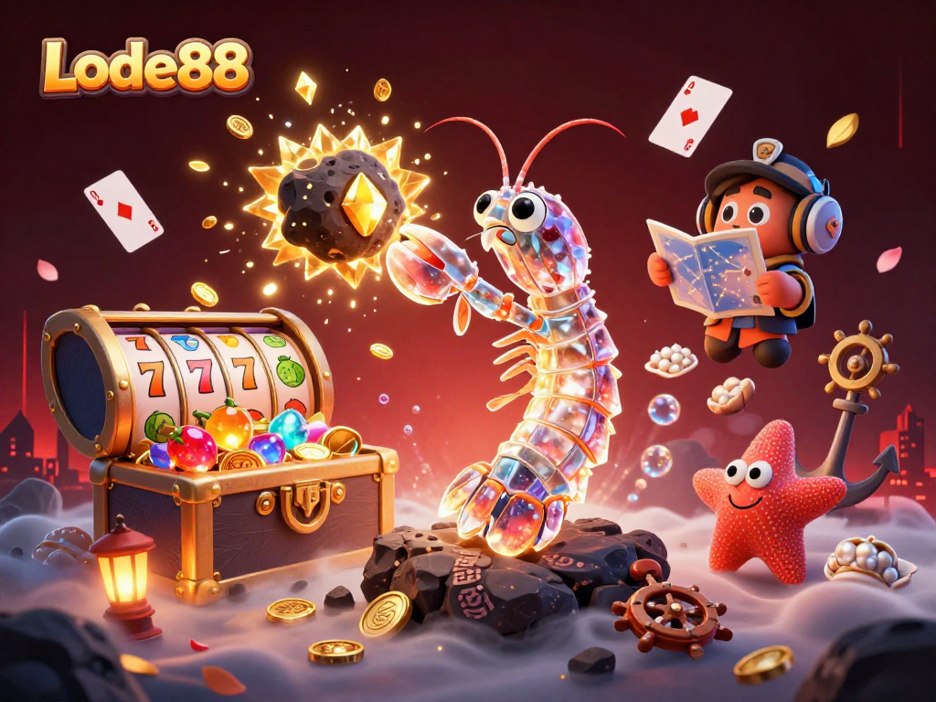 Lode88 slots scene featuring a galactic mantis shrimp and starfish amidst floating card symbols and gems.