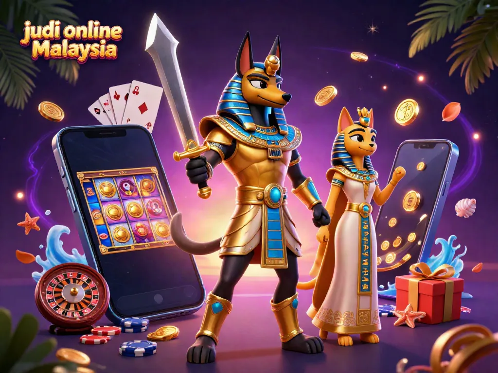 Judi online Malaysia menyajikan atmosfer kasino dengan Anubis dan Bastet, simbol keberuntungan terpancar.