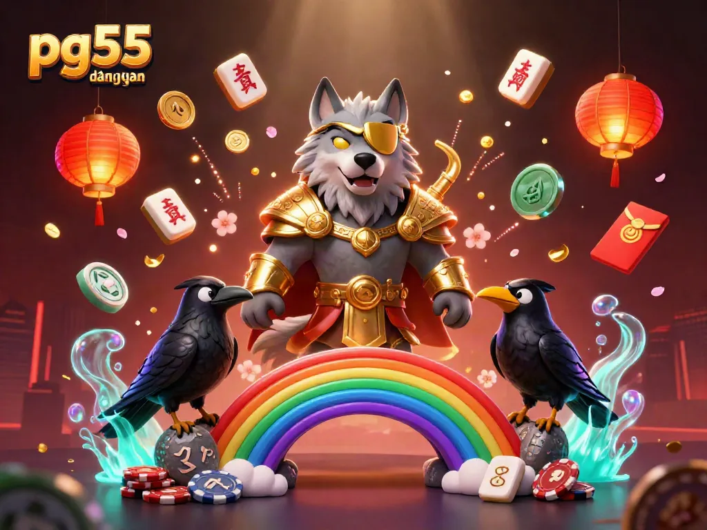 Experience the thrill of pg55 đăng nhập with dynamic casino characters on a vibrant rainbow bridge.