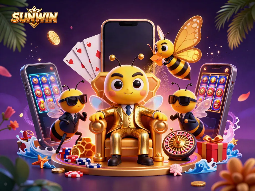 SUNWIN casino scene depicting a cartoon bumblebee mob boss with game elements showcasing excitement and wins.