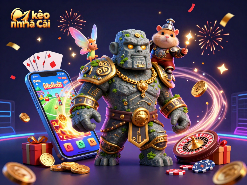 Engage with kèo nhà cái in an exciting sports betting 3D scene featuring a magical golem guardian.