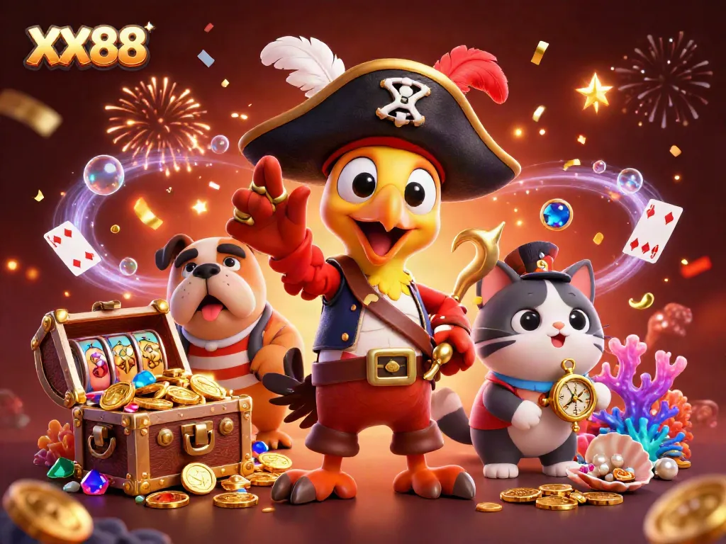 Experience thrilling gameplay at XX88 with captivating cartoon pirate characters surrounded by gold treasures and slot elements.