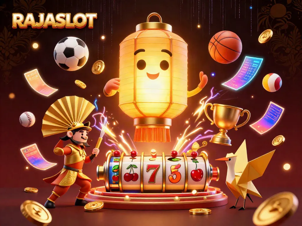 Rasakan keseruan bermain di RAJASLOT dengan lampion emas dan simbol hoki yang menonjol.