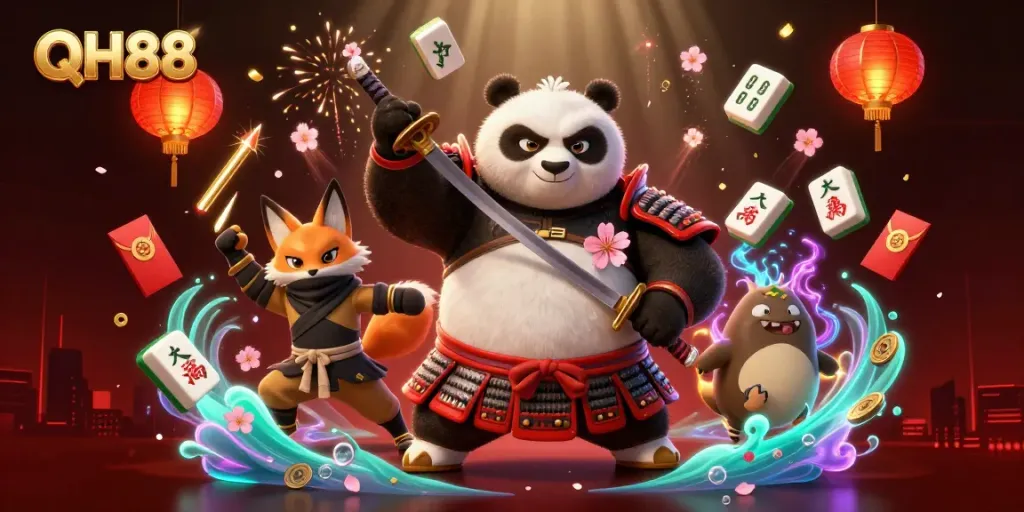 Engage in QH88's vibrant casino experience with a dynamic illustration of a samurai panda and ninja fox.