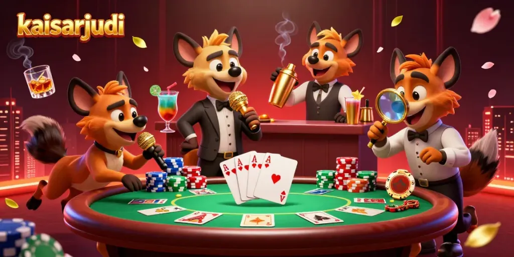 Kaisarjudi hyenas animatedly performing in a vibrant casino scene with poker elements.