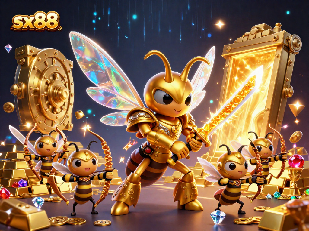 SX88 offers an exciting gambling experience with golden hornets and treasure in a vibrant casino illustration.