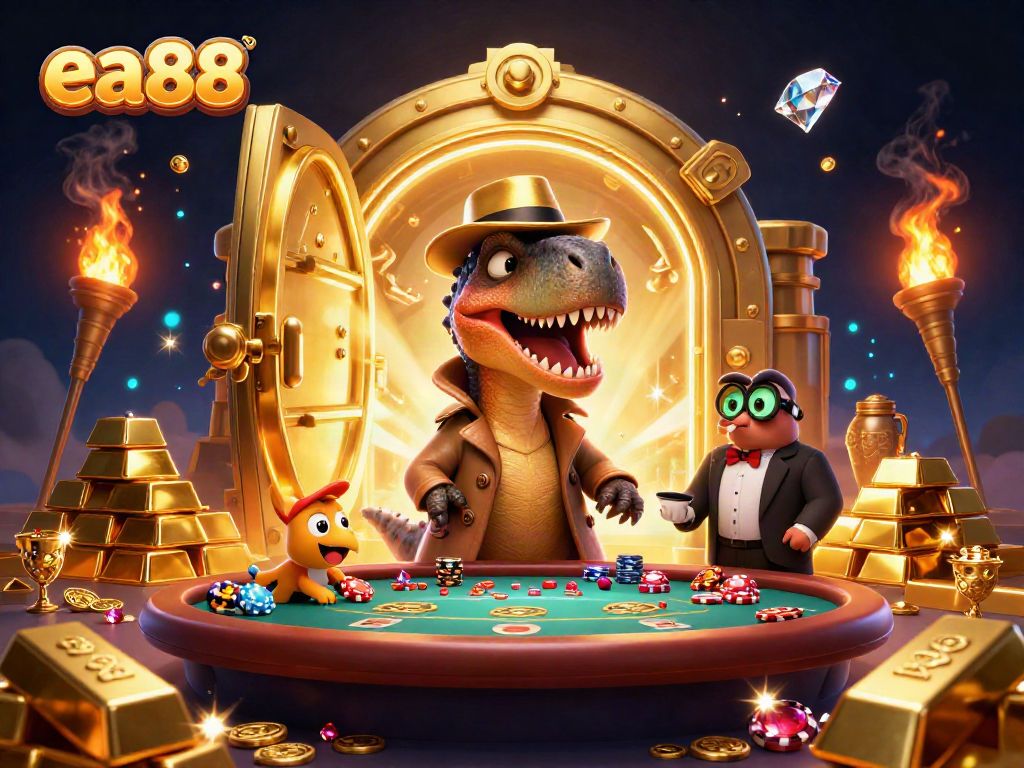 ea88 velociraptor card counter at blackjack table with treasure elements in vibrant casino scene
